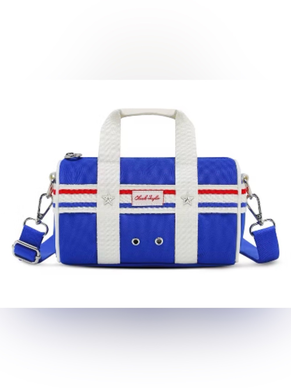 White Converse mini duffle bag with red and blue stripes
